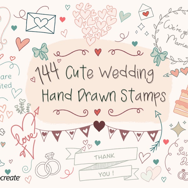 144 Cute Wedding Hand Drawn Stamps for Procreate, Wedding Pro Create Brushes