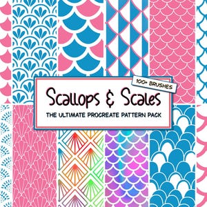 May include: A digital art pack featuring various scallop and scale patterns in pink, blue, and rainbow colors. The patterns include fan shapes, curved lines, and geometric designs. The text "Scallops & Scales" and "100+ Brushes" are also visible.