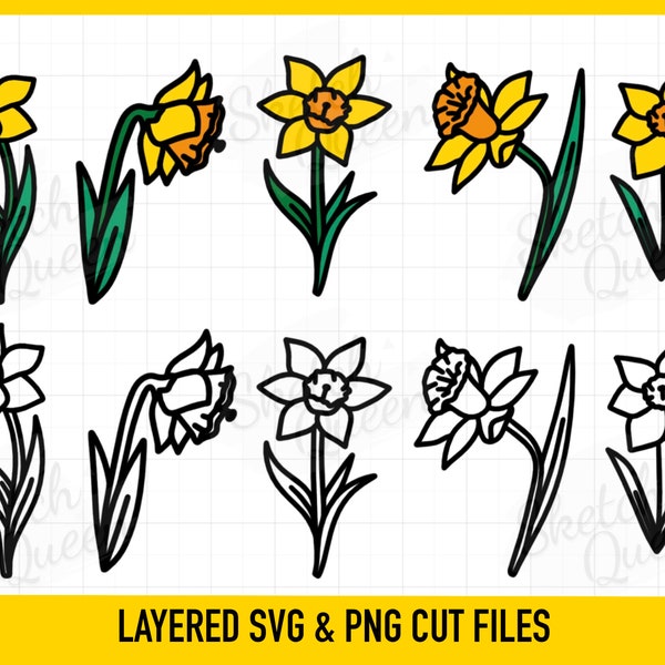 Daffodils SVG Set. Spring Flowers SVG. Cricut cut files, layered files. Silhouette files. Daffodil bundle png. Clipart.