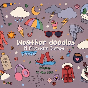 May include: A set of 14 weather-themed digital stamps for Procreate. The stamps feature various weather elements, including a rainbow, sun, clouds, rain, lightning, a tornado, a snow globe, and more. The stamps are perfect for adding a touch of whimsy to your digital art.