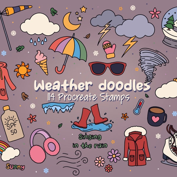 Weather Doodles, 114 Weather Element Procreate Stamps