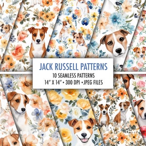 May include: Ten digital seamless patterns featuring watercolor illustrations of Jack Russell terriers and flowers. The patterns are 14 inches by 14 inches and 300 DPI. The patterns are in JPEG format.
