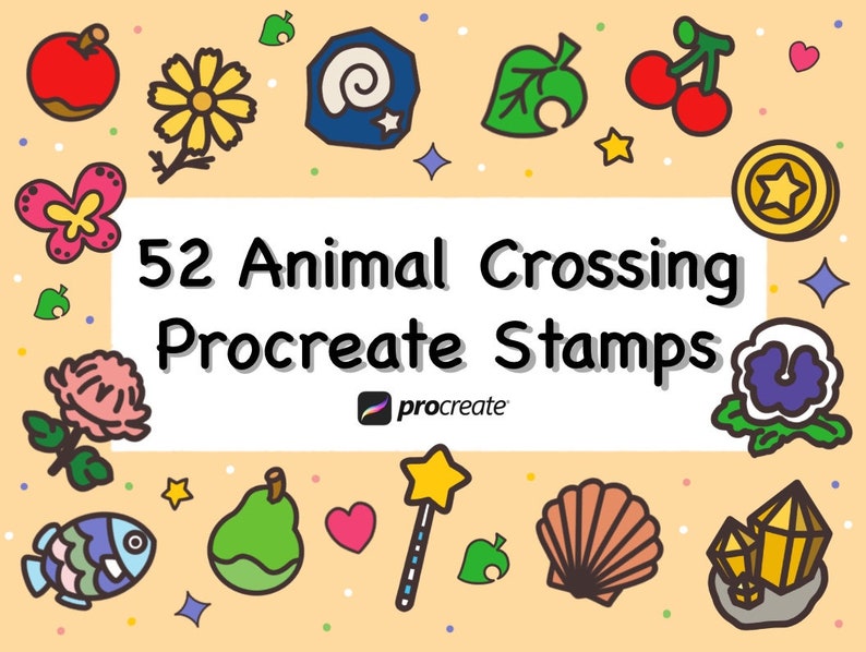 May include: 52 Animal Crossing Procreate Stamps. A digital illustration of 52 colorful stamps featuring characters and objects from the Animal Crossing video game series. The stamps are designed for use with the Procreate app.