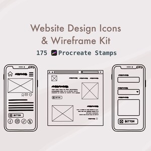 Può includere: Un set di 175 timbri Procreate per la progettazione di siti Web e il wireframing. I timbri includono icone per elementi comuni di siti Web come pulsanti, barre di navigazione e moduli. I timbri sono in bianco e nero e sono progettati per essere utilizzati in un programma di progettazione digitale.
