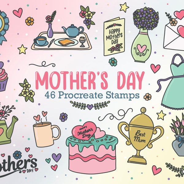 46 Mothers Day Stamps for Procreate, Mom brushes for Procreate