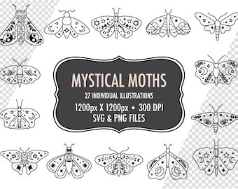 May include: A set of 27 black and white illustrations of mystical moths with various patterns and designs. The illustrations are 1200 pixels by 1200 pixels and 300 DPI. The text "MYSTICAL MOTHS" is in a banner at the top of the image.
