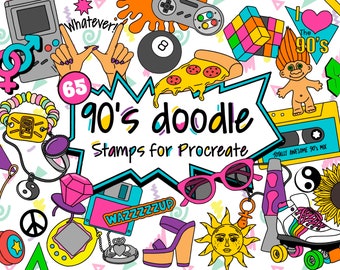 90&#39;s Doodle Stamps for Procreate, 65 Nineties brushes for Procreate