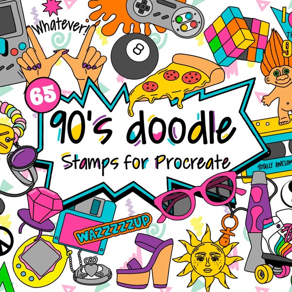 90's Doodle Stamps for Procreate, 65 Nineties brushes for Procreate