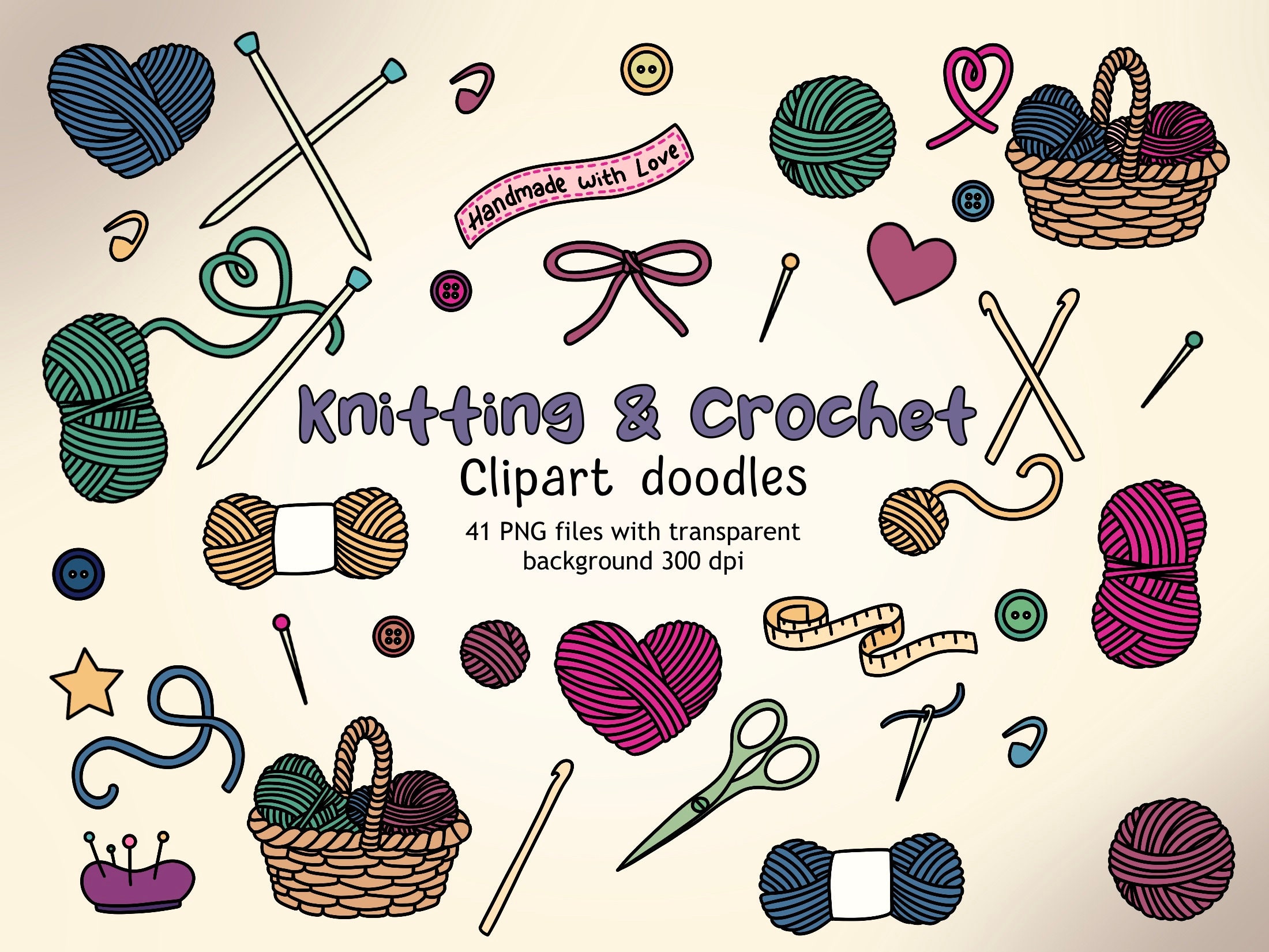 Knitting and Crochet Doodle Clipart Yarn PNG Knitting Etsy