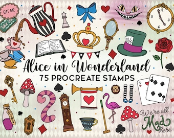Carimbos Procreate Alice no País das Maravilhas: Conjunto com 75 Pincéis (Download Digital)