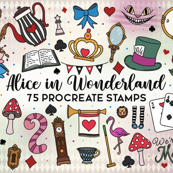 75 Alice in Wonderland Procreate Stamps, Wonderland Procreate Brushes