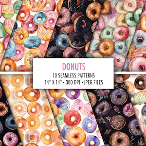 Donuts Watercolor Seamless Patterns - Set of 10 Donut Digital Papers