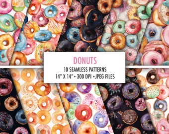 Donuts Watercolor Seamless Patterns - Set of 10 Donut Digital Papers