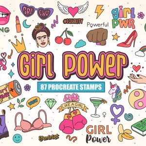 Op de afbeelding: Een set van 87 digitale stempels met kleurrijke illustraties van inspirerende boodschappen, symbolen en objecten. De stempels bevatten zinnen als "Girl Power", "Girl Boss", "Fight Like a Girl" en "We Can".  Er zijn ook afbeeldingen van een kroon, een eenhoorn, een hart, een vuist, een gloeilamp, een regenboog, een bh, een paar bokshandschoenen en een feministisch symbool.