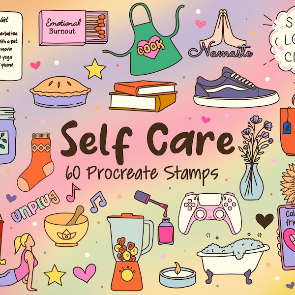 Self Care Doodle Stamps for Procreate, 60 Self Care, Mental Health, Self Love brushes for Procreate