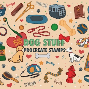 Pode incluir: Um conjunto de 58 carimbos Procreate com tema de cães que incluem vários itens relacionados a cães, como ossos, coleiras, trelas, brinquedos, comida e uma casinha para cães. Os carimbos são de várias cores, incluindo vermelho, azul, verde, amarelo e marrom.