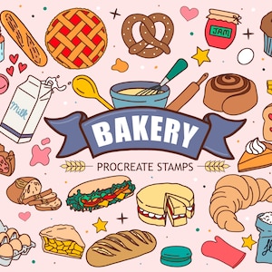 May include: A collection of hand-drawn bakery-themed illustrations, including a cupcake, baguette, pie, pretzel, jam jar, muffin, cinnamon roll, bread, sandwich, croissant, and flour sack. The word "BAKERY" is displayed on a blue banner, with "PROCREATE STAMPS" below. The background is light pink.