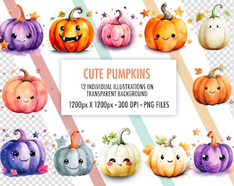 Cute Pumpkins Clipart, Jack o lantern watercolor clipart, Transparent PNG Files for Personal and Commercial Use