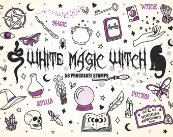May include: A set of 58 digital stamps featuring illustrations of various witchcraft and magic symbols, including a cat, a snake, a witch's hat, a crystal, a potion bottle, a book of spells, a wand, a cauldron, a crescent moon, a butterfly, a key, a hand, a skull, a dagger, a feather, candles, and an alphabet chart. The text "White Magic Witch" is featured in a gothic font.
