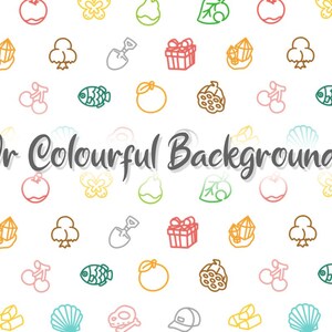 May include: A white background with a repeating pattern of colorful line drawings of various objects, including a cherry, a fish, a shovel, a gift box, a pear, a leaf, a mushroom, a crystal, a seashell, a skull, and a bunch of grapes. The text "Or Colourful Backgrounds" is written in black at the bottom of the image.