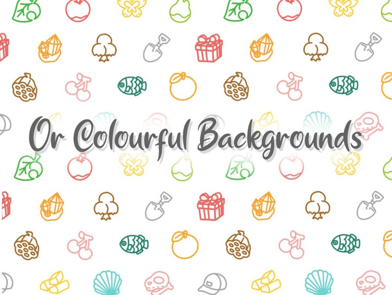 May include: A white background with a repeating pattern of colorful line drawings of various objects, including a cherry, a fish, a shovel, a gift box, a pear, a leaf, a mushroom, a crystal, a seashell, a skull, and a bunch of grapes. The text "Or Colourful Backgrounds" is written in black at the bottom of the image.
