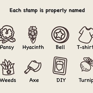 May include: A set of eight black and white line drawings of various items, including a pansy, hyacinth, bell, t-shirt, weeds, axe, DIY, and turnip. Each drawing is labeled with its name below.