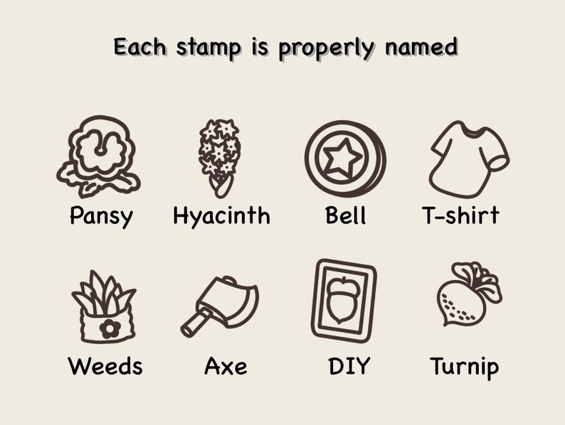 May include: A set of eight black and white line drawings of various items, including a pansy, hyacinth, bell, t-shirt, weeds, axe, DIY, and turnip. Each drawing is labeled with its name below.