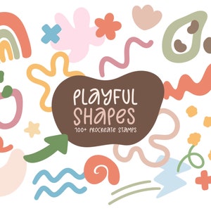 May include: A selection of colourful, abstract shapes in pastel shades, including a rainbow, stars, and wavy lines. The text "PLAYFUL SHAPES" is on a brown shape, with "100+ PROCREATE STAMPS" beneath. The design is set against a white background.