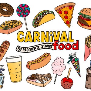 Puede incluir: Un conjunto de 52 sellos digitales con ilustraciones coloridas de comida de carnaval, que incluyen un hot dog, algodón de azúcar, papas fritas, un taco, una hamburguesa, una paleta, un refresco, un perro caliente, churros, fudge, una manzana y una bebida. El texto "Carnival Food" está en letras amarillas con un contorno rojo.