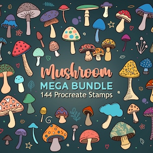 Könnte beinhalten: Ein Set mit 144 digitalen Pilz-Stempeln für Procreate. Die Stempel zeigen eine Vielzahl von bunten Pilzen in verschiedenen Formen und Größen, darunter rote, gelbe, grüne, blaue und violette Pilze.