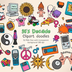 Clipart Doodle anni '90, decennio anni novanta PNG, nostalgico pianificatore degli anni '90, 90 adesivi PNG