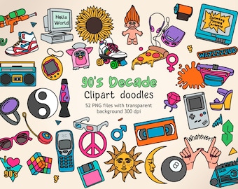 90&#39;s Doodle Clipart, nineties Decade PNG, Nostalgic 90&#39;s Planner, 90 Stickers PNG