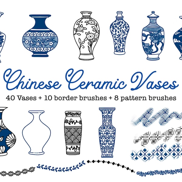 40 Chinese Vases Procreate Stamps with 10 Border Brushes and 8 Pattern Brushes