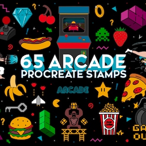 May include: A set of 65 digital stamps featuring retro arcade game graphics. The stamps include a variety of icons, characters, and objects, such as a joystick, a hot dog, a ghost, a banana, a spaceship, a pizza slice, a bomb, a popcorn bucket, and a game over sign. The stamps are designed in a pixelated style, reminiscent of classic arcade games.
