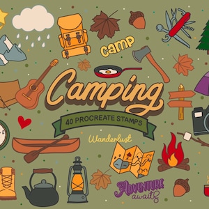 40 Sellos de Doodle de Camping para Procreate, Pinceles de camping para Procreate