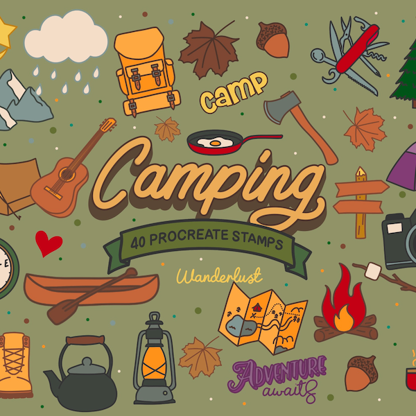 40 Camping Doodle Stamps for Procreate, Camping brushes for Procreate