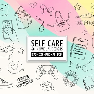 Self Love Clipart Set (60 archivos), png de cuidado personal, svg de autoestima, archivos troquelados de amor propio