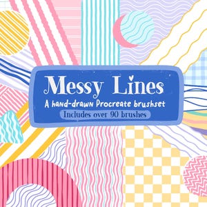 Puede incluir: Gráfico de arte digital con varios patrones coloridos, incluyendo rayas, círculos y líneas onduladas. La imagen incluye el texto "Messy Lines" y "A hand-drawn Procreate brushset. Includes over 90 brushes."
