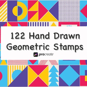 May include: A colourful digital illustration of 122 hand-drawn geometric stamps for Procreate. The stamps feature a variety of shapes, including circles, squares, triangles, and diamonds, in a variety of colours, including red, yellow, blue, and purple.