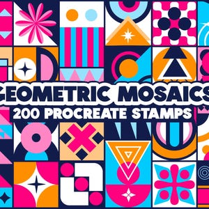 Peut inclure: Un ensemble de 200 tampons géométriques en mosaïque colorés pour Procreate. Les tampons présentent une variété de formes, de couleurs et de motifs, notamment des cercles, des carrés, des triangles, des étoiles et des fleurs. Les tampons sont parfaits pour créer des designs uniques et accrocheurs.