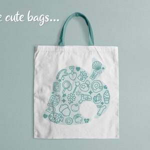 May include: A white tote bag with a teal blue outline of a leaf with various icons inside. The text "Make cute bags..." is in white at the top of the image.