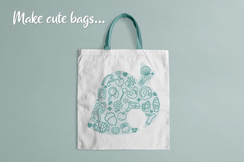 May include: A white tote bag with a teal blue outline of a leaf with various icons inside. The text "Make cute bags..." is in white at the top of the image.