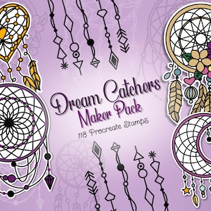 May include: A set of 118 Procreate stamps featuring dream catcher designs. The stamps include various shapes, colors, and patterns, including hearts, moons, feathers, and beads. The text "Dream Catchers Maker Pack" is displayed in the center of the image.