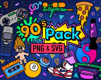 90&#39;s Pack Doodle SVG & PNG, 52 Nineties illustrations cut files for Cricut