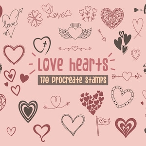 Selos Procreate do Dia dos Namorados: Pincéis e rabiscos de coração – Conjunto de pincéis para carimbo de planejador digital com tema de amor romântico para Procreate
