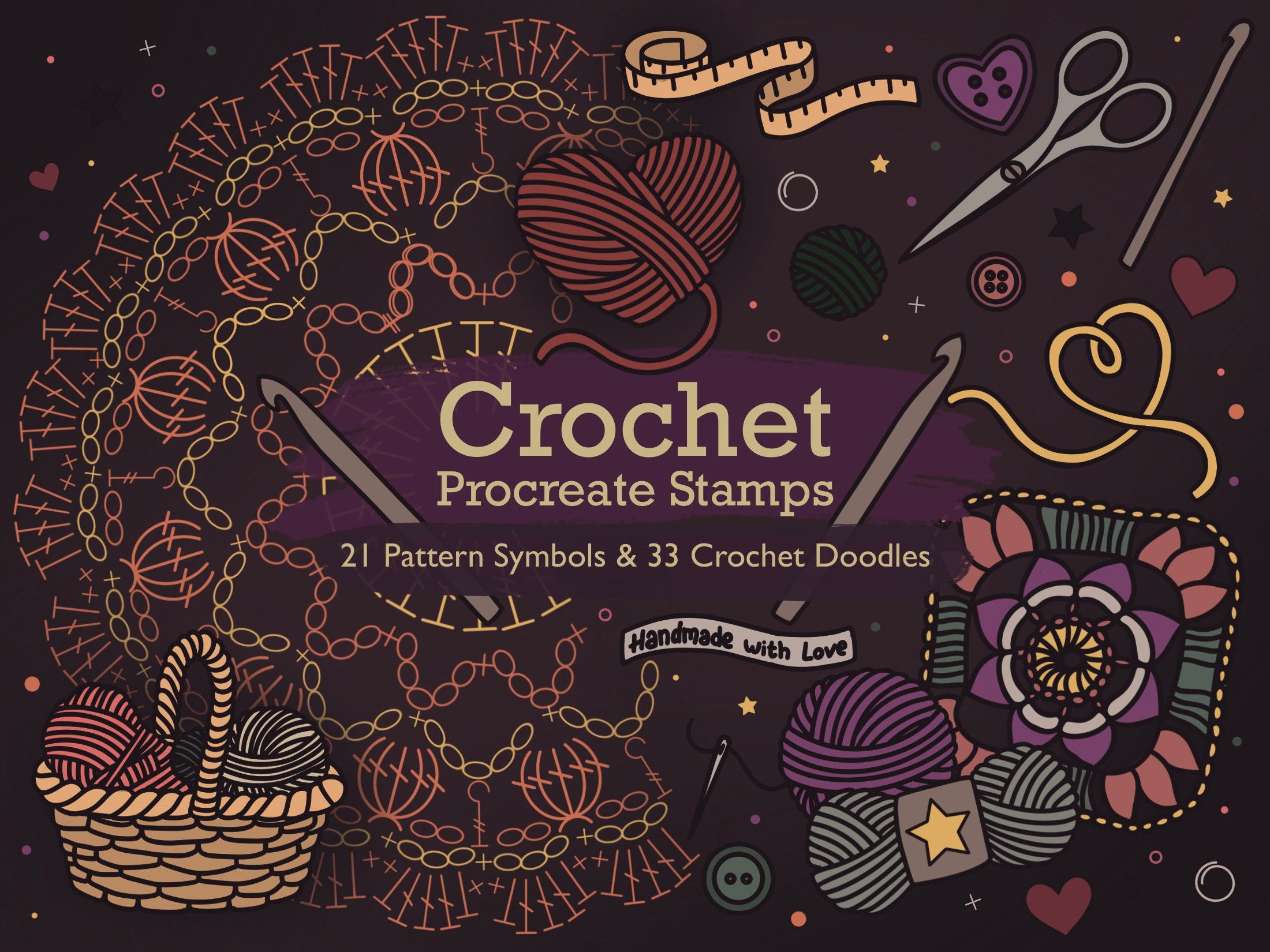 55 Crochet Procreate Stamps, Crochet Pattern Brushes, Crochet Doodle Stamps
