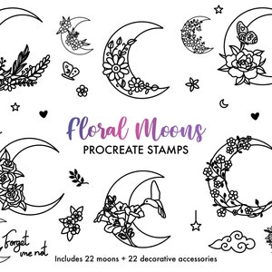 Floral Moons Procreate Stampset, Crescent Moons with flowers Procreate stamps