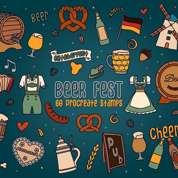 60 Beer Fest Stamps for Procreate, Oktoberfest brushes for Procreate
