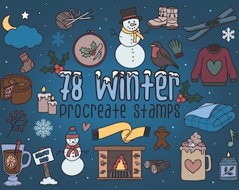 78 Winter Procreate Stamps, Winter Doodles Procreate Brushes