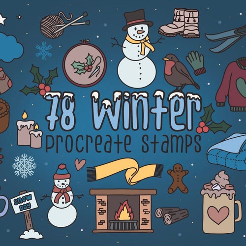 78 Winter Doodles Procreate Stamps: Snowmen, Clothes, Drinks (Digital Download)